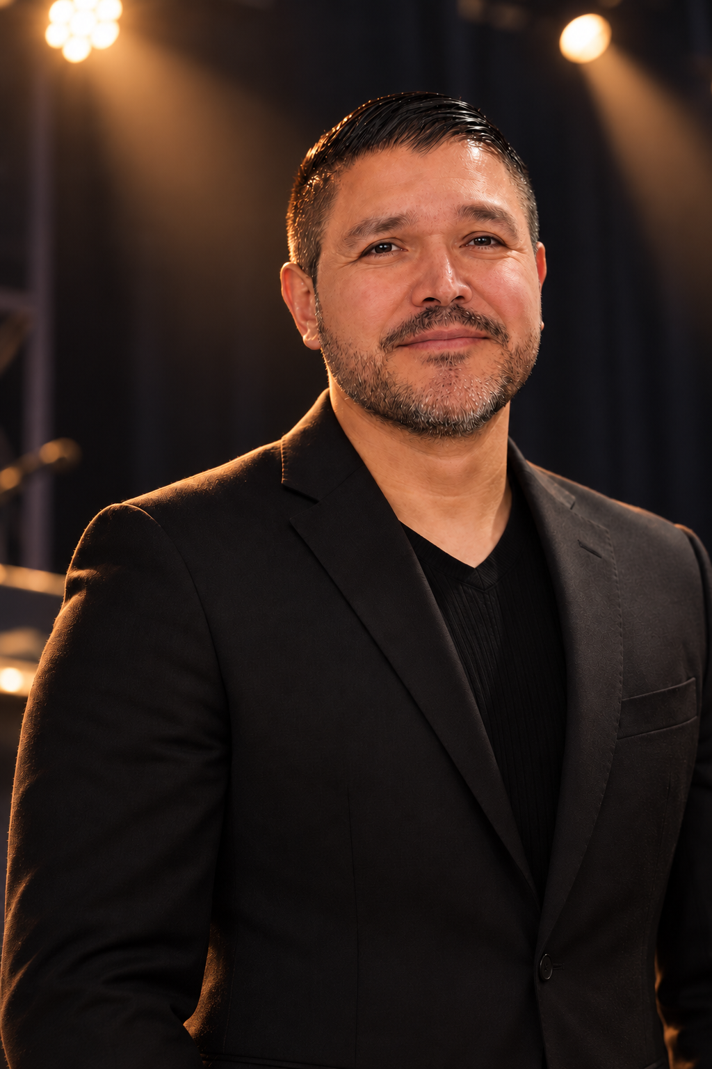 Carlos Siqueira in a black suit on a softly lit stage